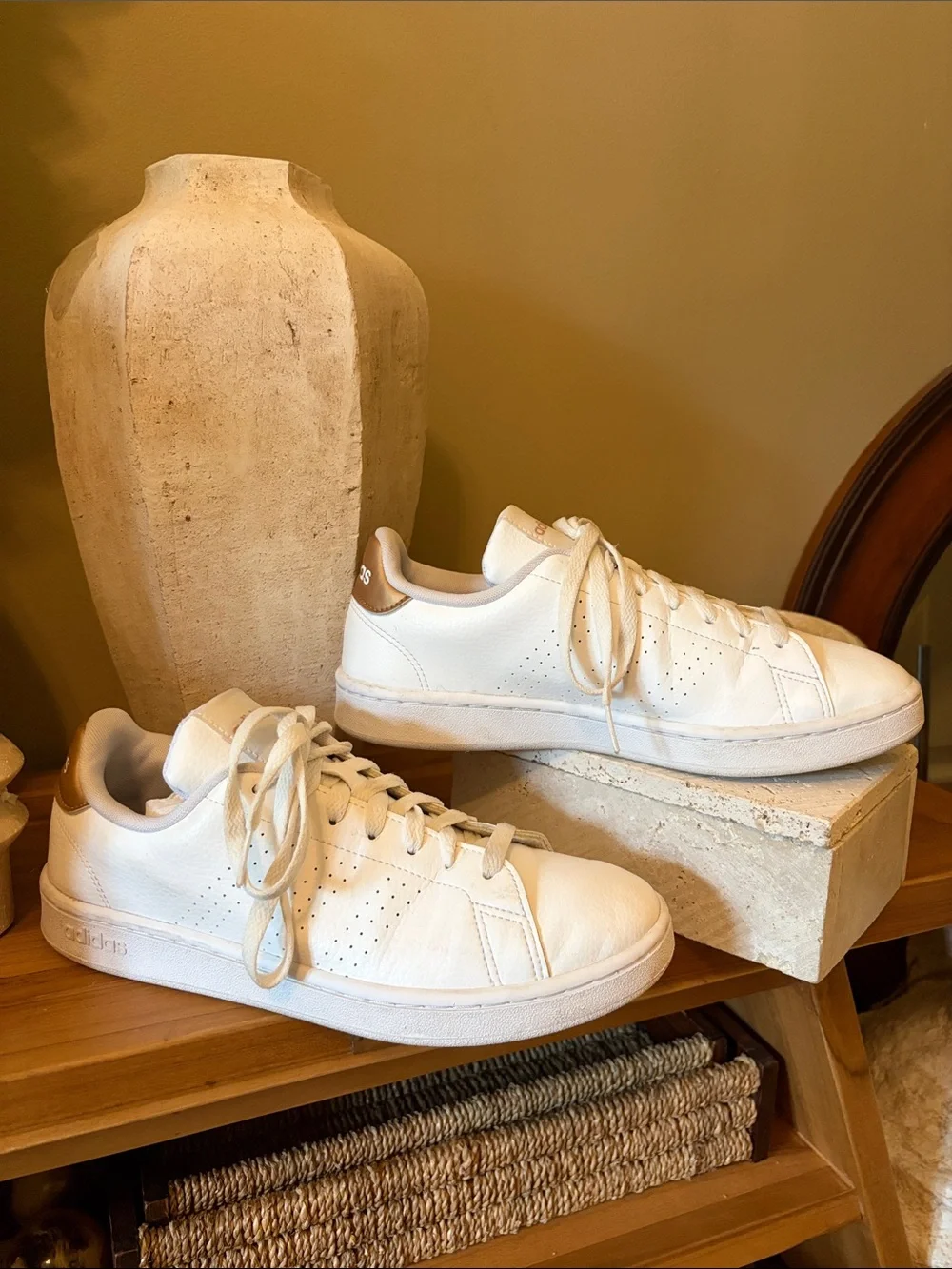 adidas White Leather Low-Top Sneakers with Subtle Gold Logo